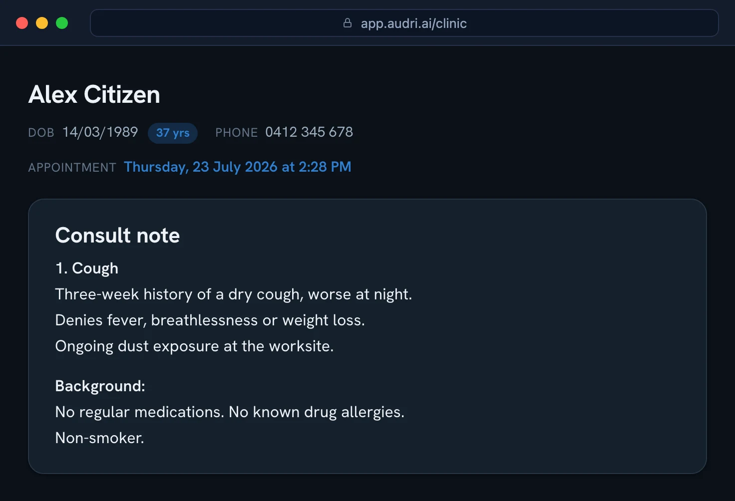 Audri clinician console in a browser, dark theme: patient Alex Citizen's record with the AI-drafted narrative consult note — a numbered problem list and a background summary, ready to review and copy into the PMS