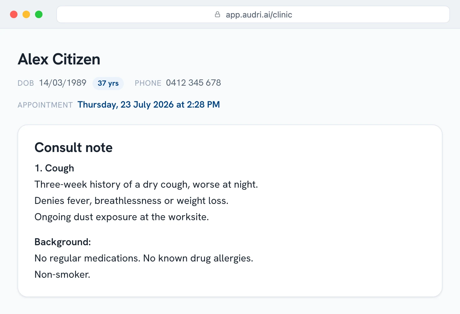 Audri clinician console in a browser: patient Alex Citizen's record with the AI-drafted narrative consult note — a numbered problem list and a background summary, ready to review and copy into the PMS