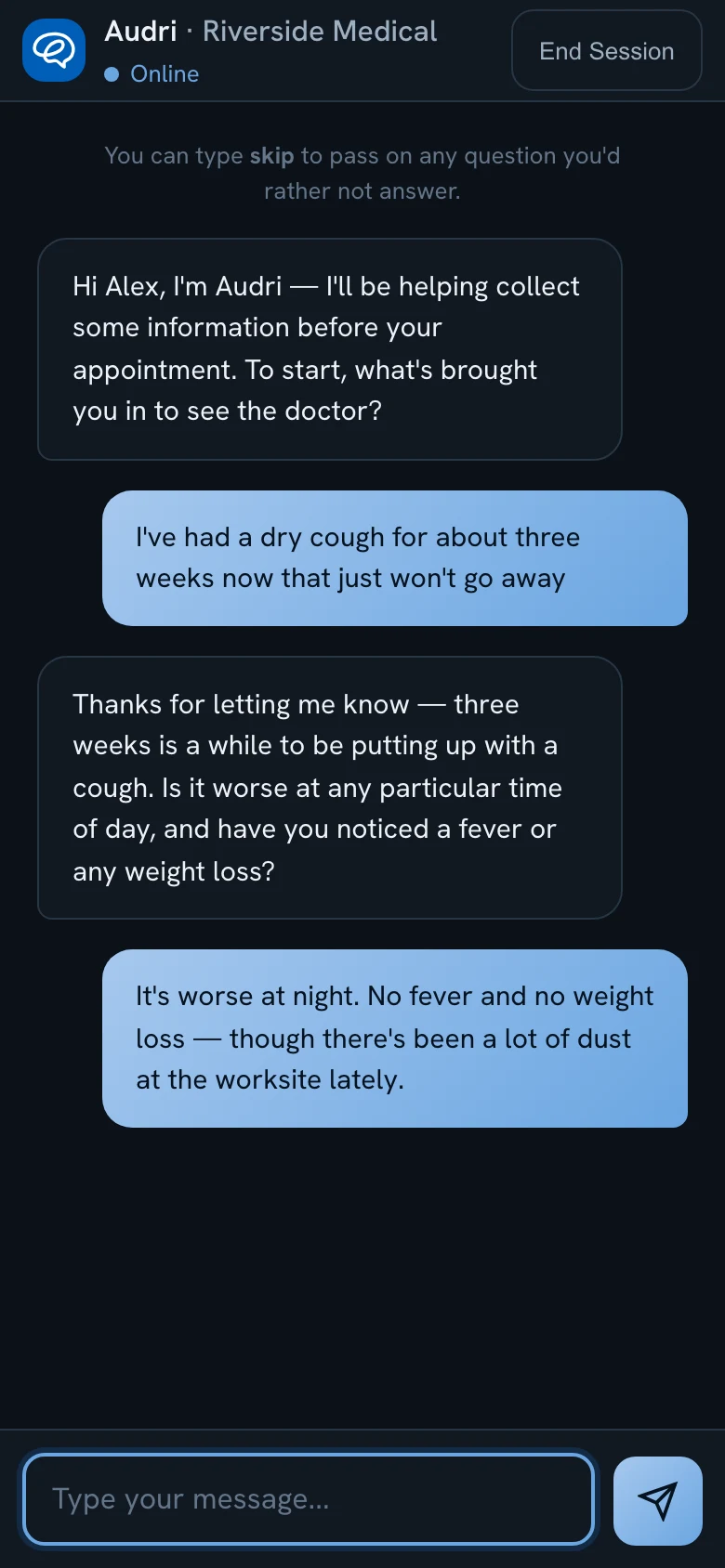 Audri patient chat on a phone, dark theme: the patient describes a three-week dry cough, worse at night, and Audri asks about fever and weight loss