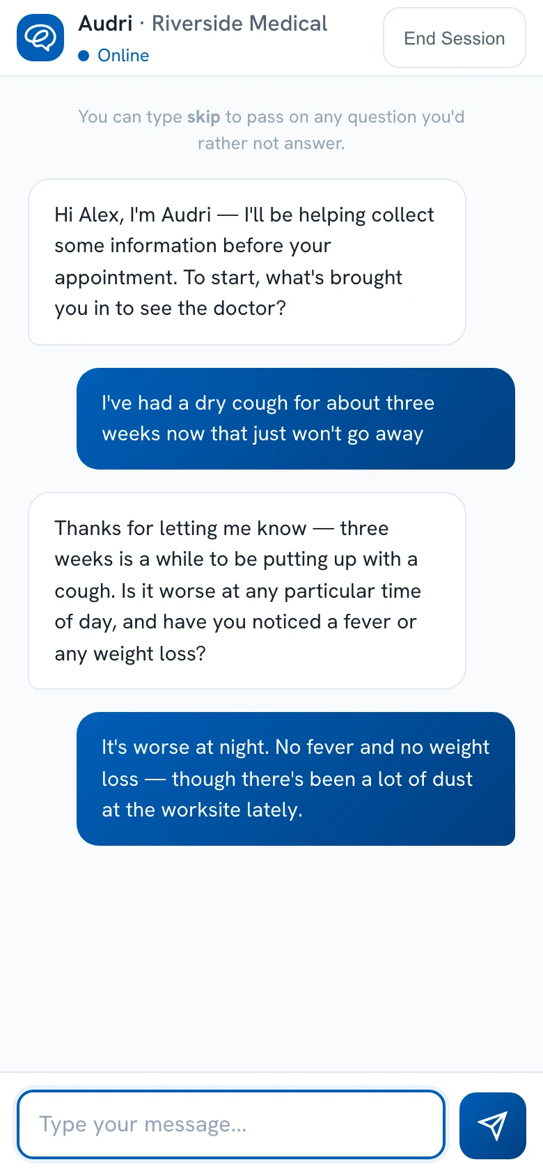 Audri patient chat on a phone: the patient describes a three-week dry cough, worse at night, and Audri asks about fever and weight loss