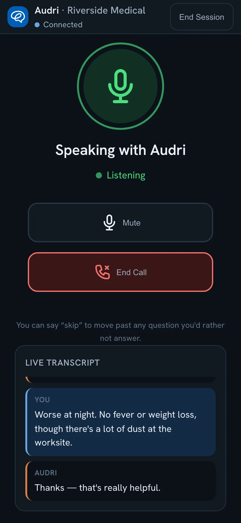 Audri patient voice call on a phone, dark theme: a live voice intake with an inline transcript of the same three-week dry cough conversation