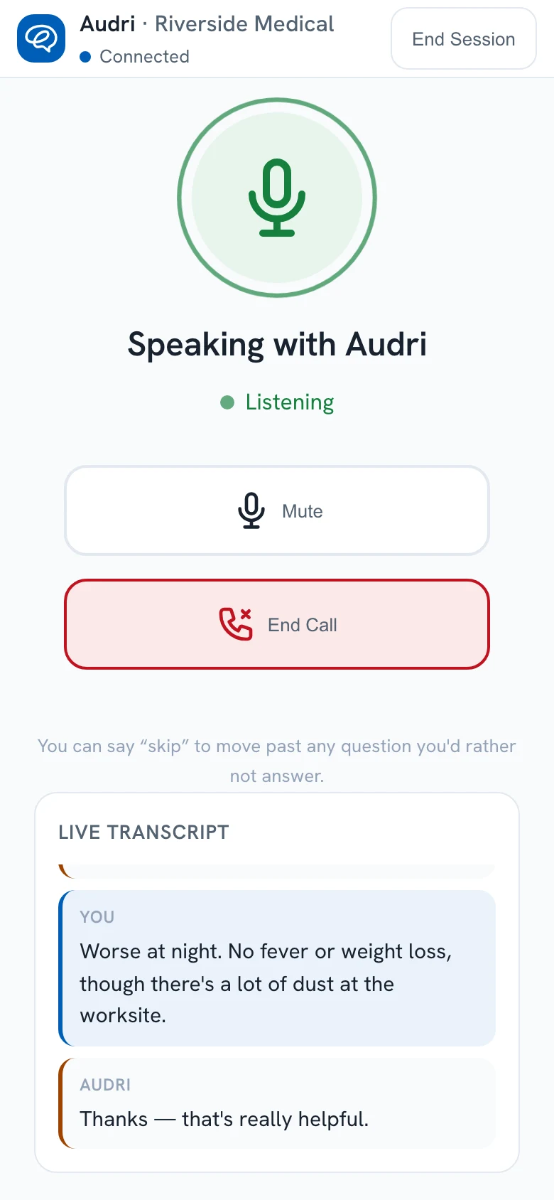 Audri patient voice call on a phone: a live voice intake with an inline transcript of the same three-week dry cough conversation